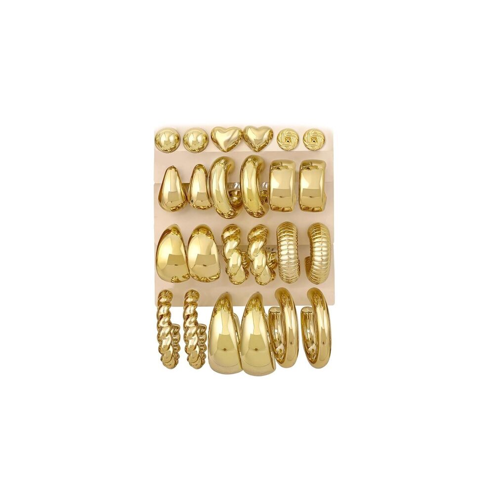 12 Pairs Chunky Gold Hoop Earrings for Women Trendy, Gold Plated Lightweight